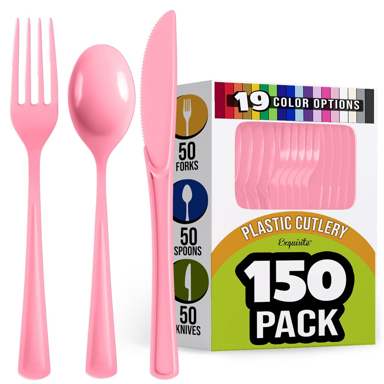 Exquisite Polished Plastic Silverware – 150 Pcs Heavy Duty Cutlery Set – 50 Each of Forks, Knives & Spoons – Disposable Utensil Set for Parties, Events & Catering – Flatware Set by Party Solids